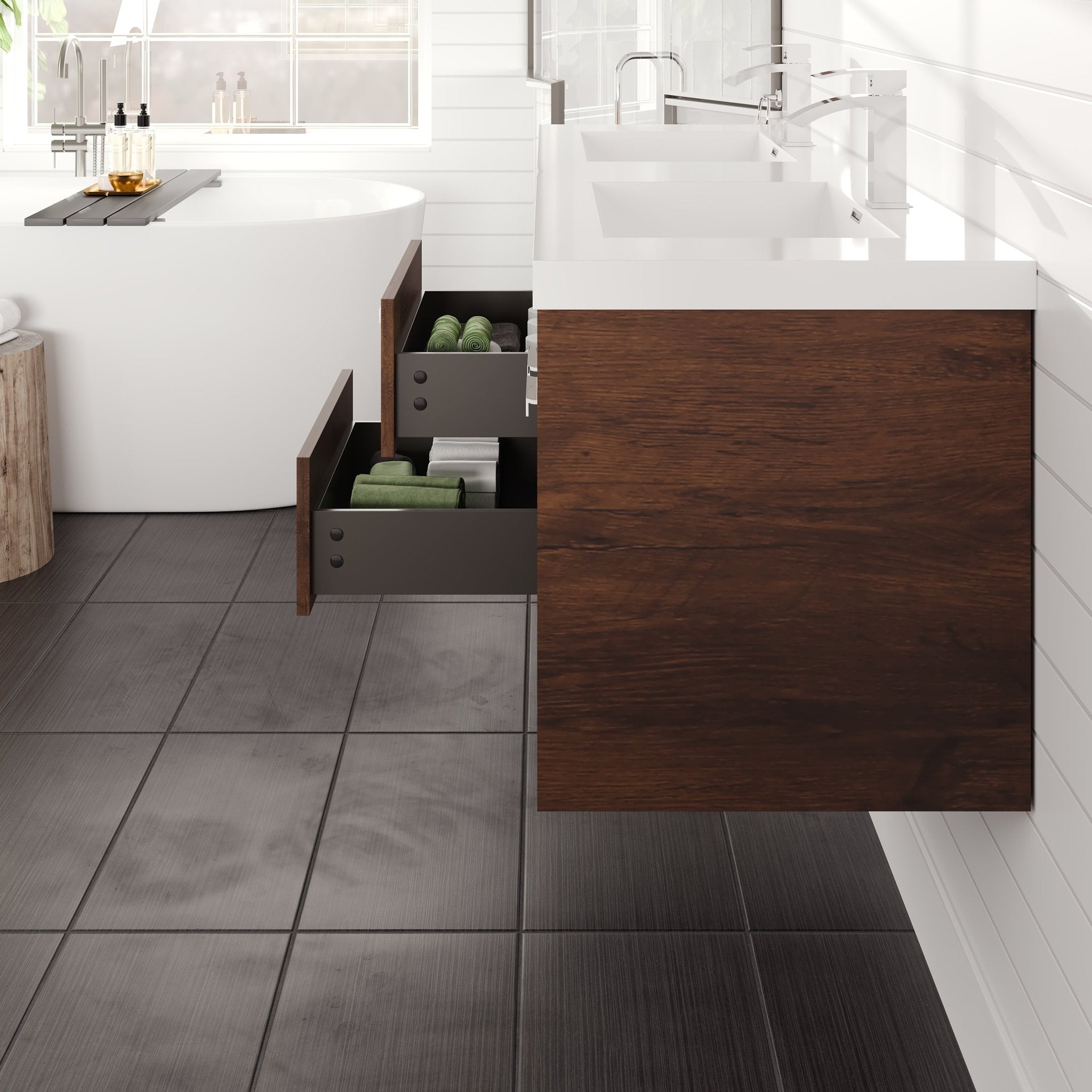 Lugano 60 in. Rosewood Wall Mount Double Sink Bath Vanity with Acrylic Top and Integrated Sinks - Bathroom Vanity by Eviva