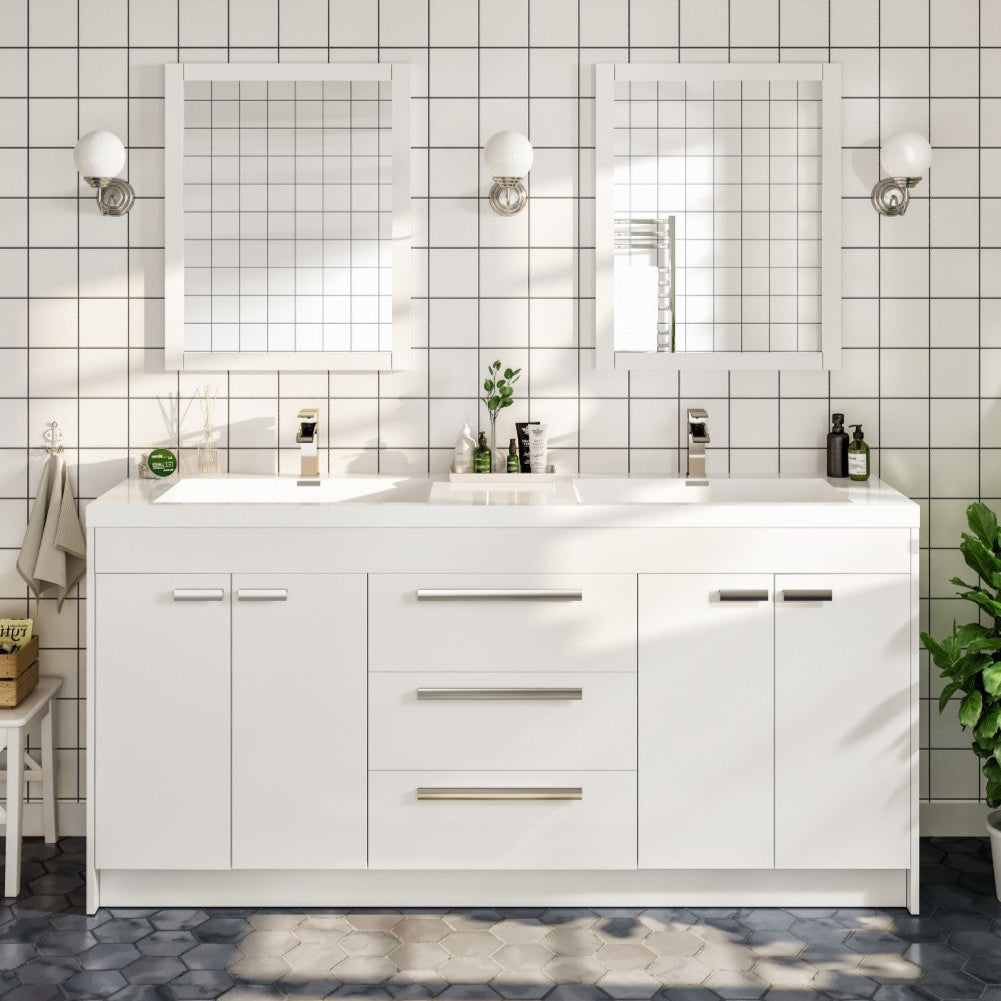 A modern white double sink bathroom vanity with acrylic top and integrated sinks, featuring a white finish and stainless steel hardware.