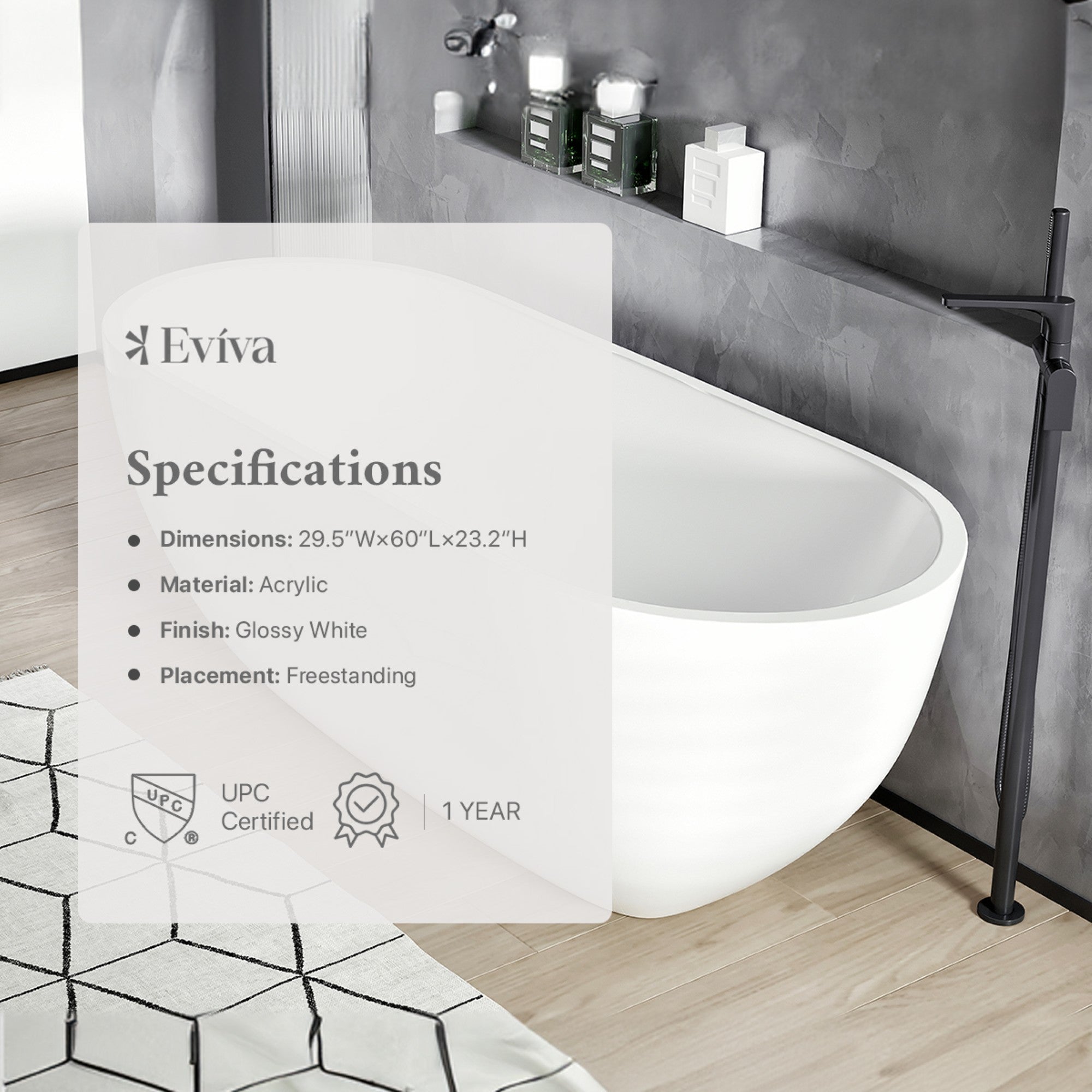 Eviva Clair 60" Glossy White Acrylic Freestanding Bathtub
