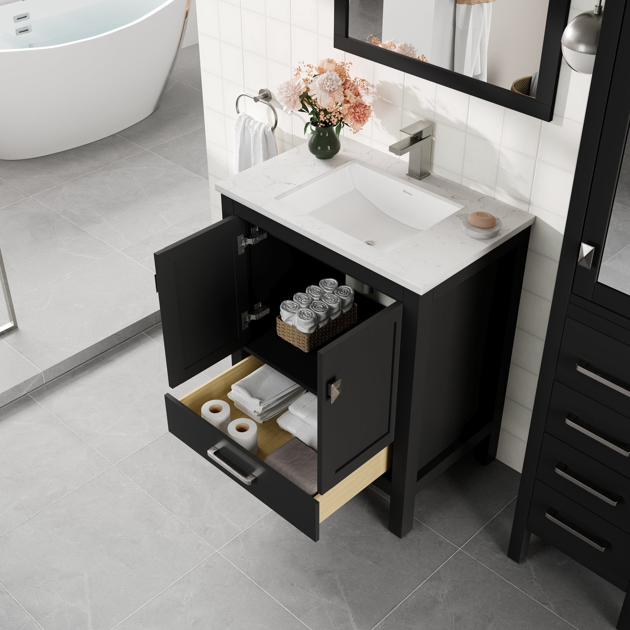 London 30 in. Espresso Single Sink Bath Vanity with Carrara Quartz Top and Undermount Porcelain Sink - Bathroom Vanity by Eviva