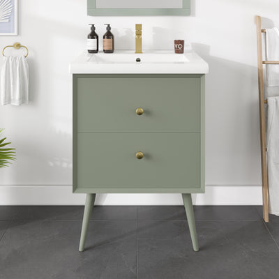 Green 24"W x 18"D Vintage Green Bathroom Vanity with White Porcelain Countertop and Integrated Sink