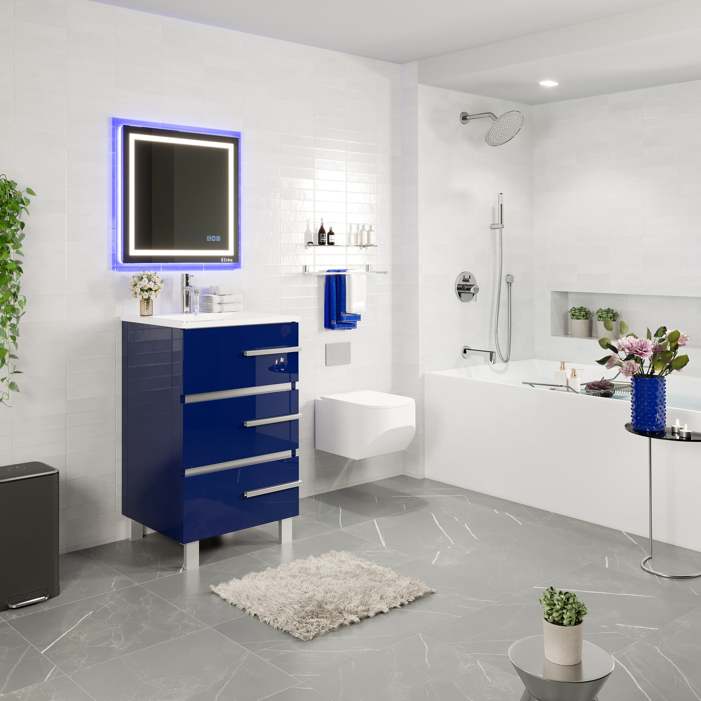 Deluxe 24"W x 18"D Blue Bathroom Vanity with White Porcelain Countertop and Integrated Sink