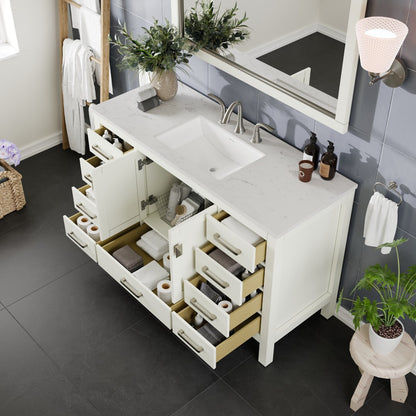 Aberdeen 54 in. White Single Sink Bath Vanity with Carrara Quartz Top and Undermount Porcelain Sink