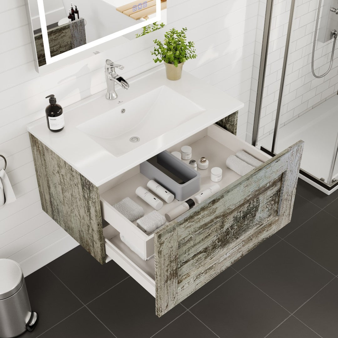 Capri 32 in. Vintage Ash Wall Mount Single Sink Bath Vanity with Porcelain Top and Integrated Sink