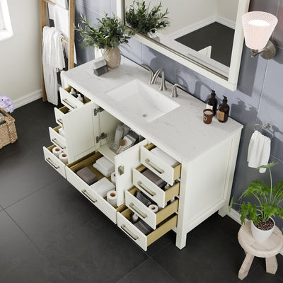 Aberdeen 54"W x 22"D White Bathroom Vanity with White Carrara Quartz Countertop and Undermount Porcelain Sink