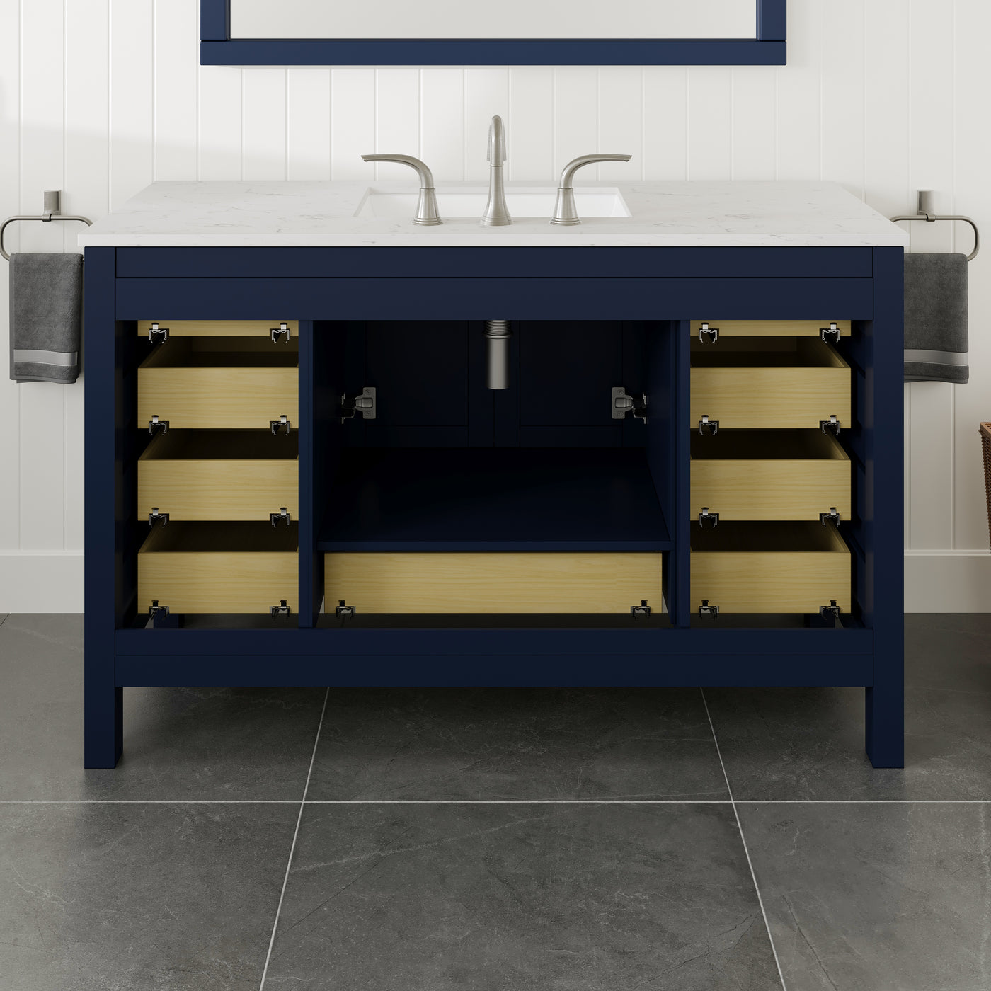 Aberdeen 54"W x 22"D Blue Bathroom Vanity with White Carrara Quartz Countertop and Undermount Porcelain Sink