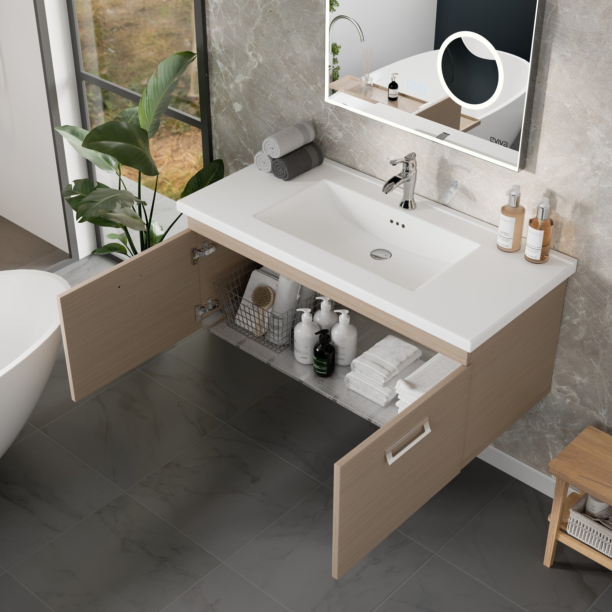 Orleans 38 in. Light Oak Wall Mount Single Sink Bath Vanity with Porcelain Top and Integrated Sink