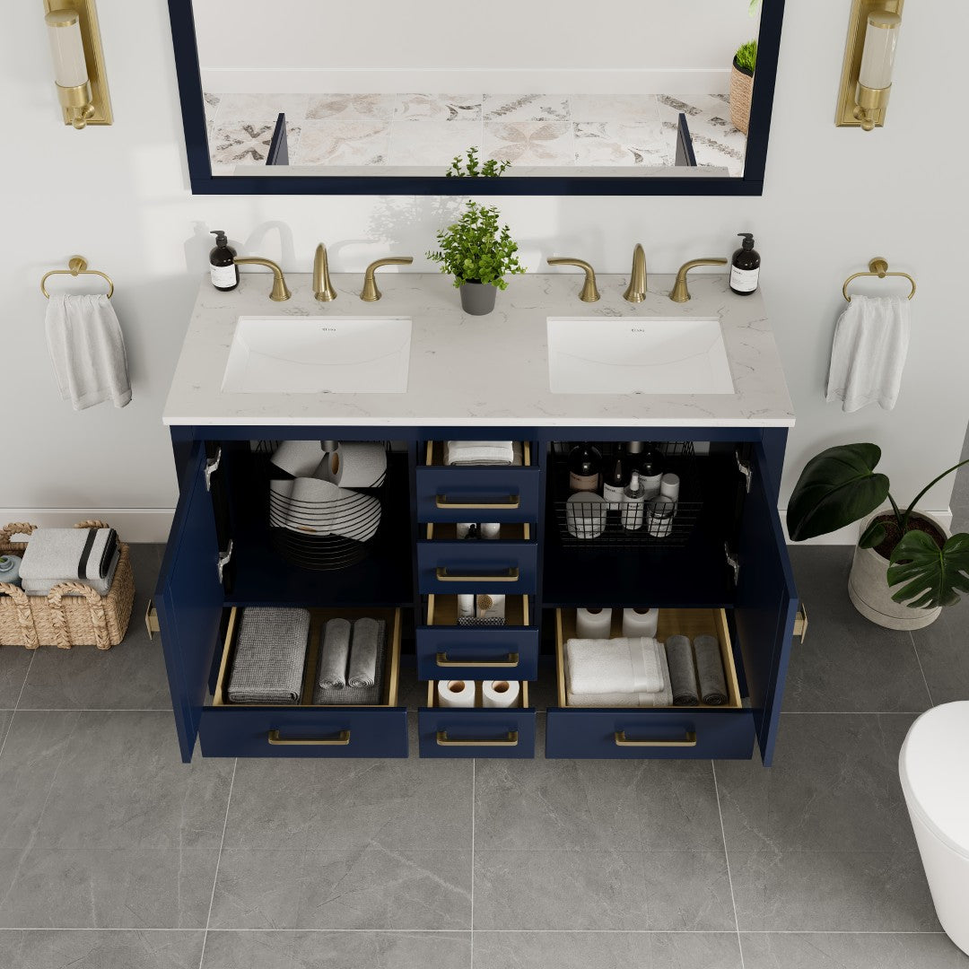 Aberdeen 48 in. Blue Double Sink  Bath Vanity with Carrara Quartz Top and Undermount Porcelain Sinks