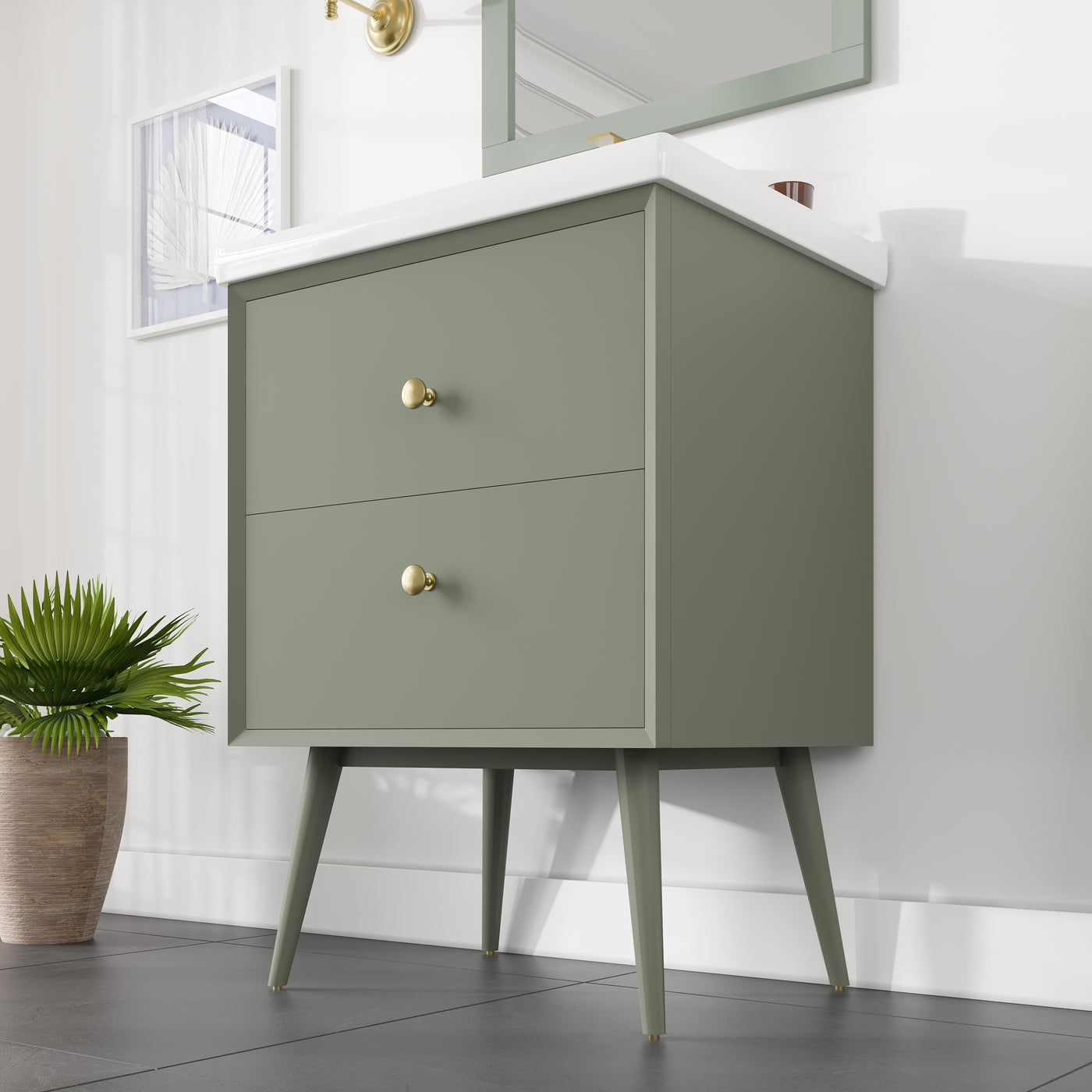 Green 24"W x 18"D Vintage Green Bathroom Vanity with White Porcelain Countertop and Integrated Sink