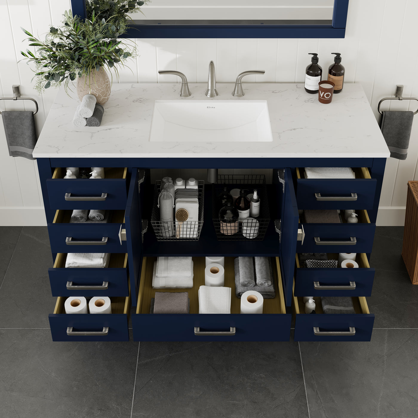 Aberdeen 54"W x 22"D Blue Bathroom Vanity with White Carrara Quartz Countertop and Undermount Porcelain Sink