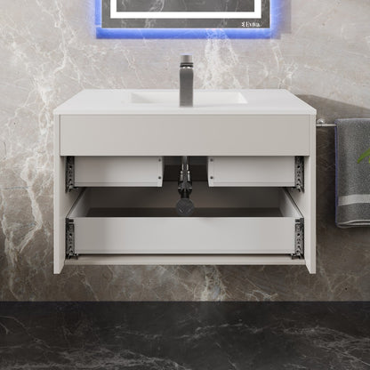 Element 32 in. White Wall Mount Single Sink Bath Vanity with Solid Surface Top and Integrated Sink