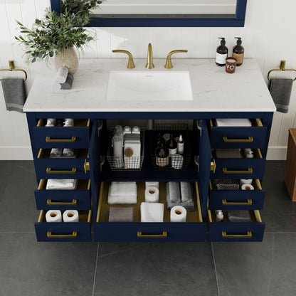 Aberdeen 54 in. Blue Single Sink Bath Vanity with Carrara Quartz Top and Undermount Porcelain Sink