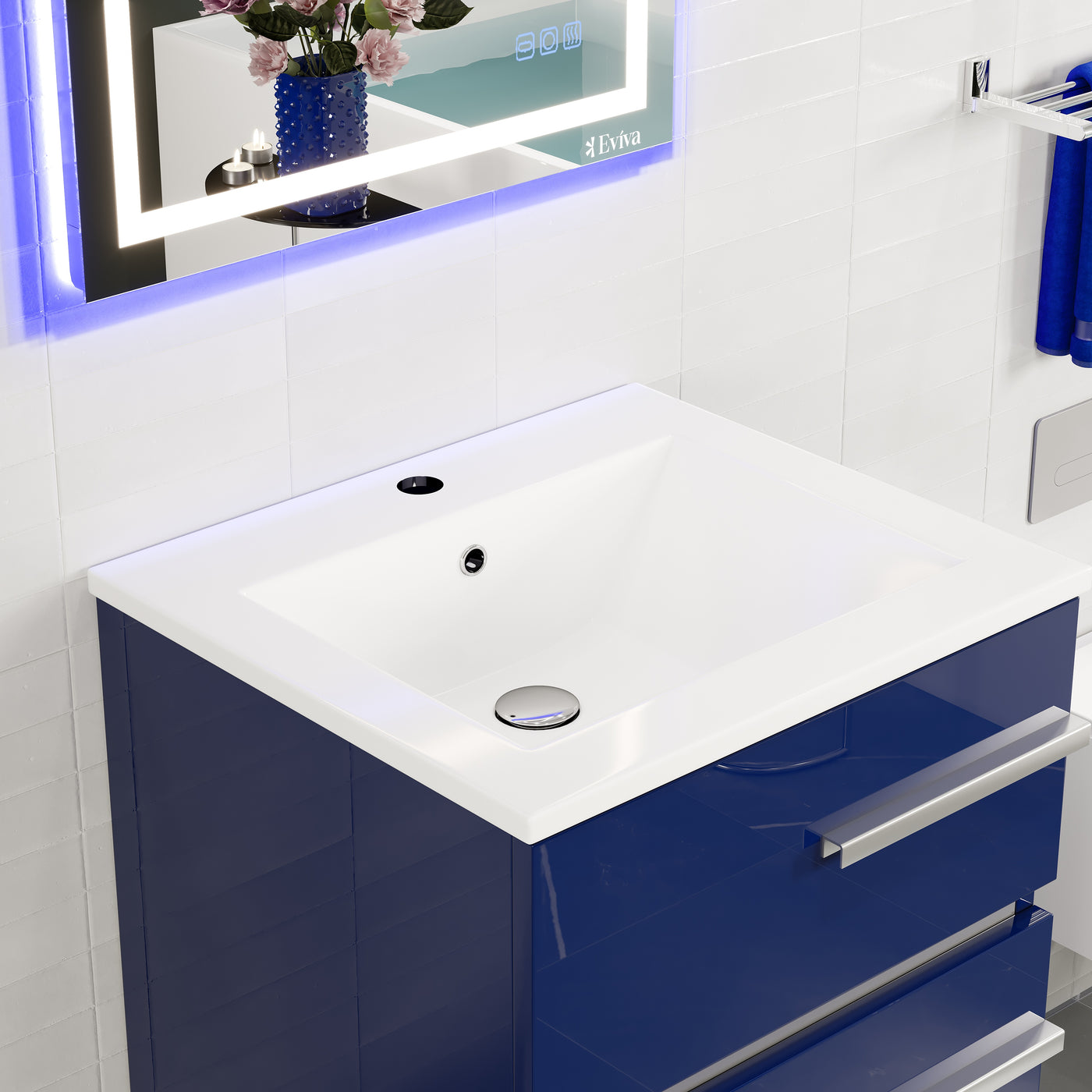 Deluxe 24"W x 18"D Blue Bathroom Vanity with White Porcelain Countertop and Integrated Sink