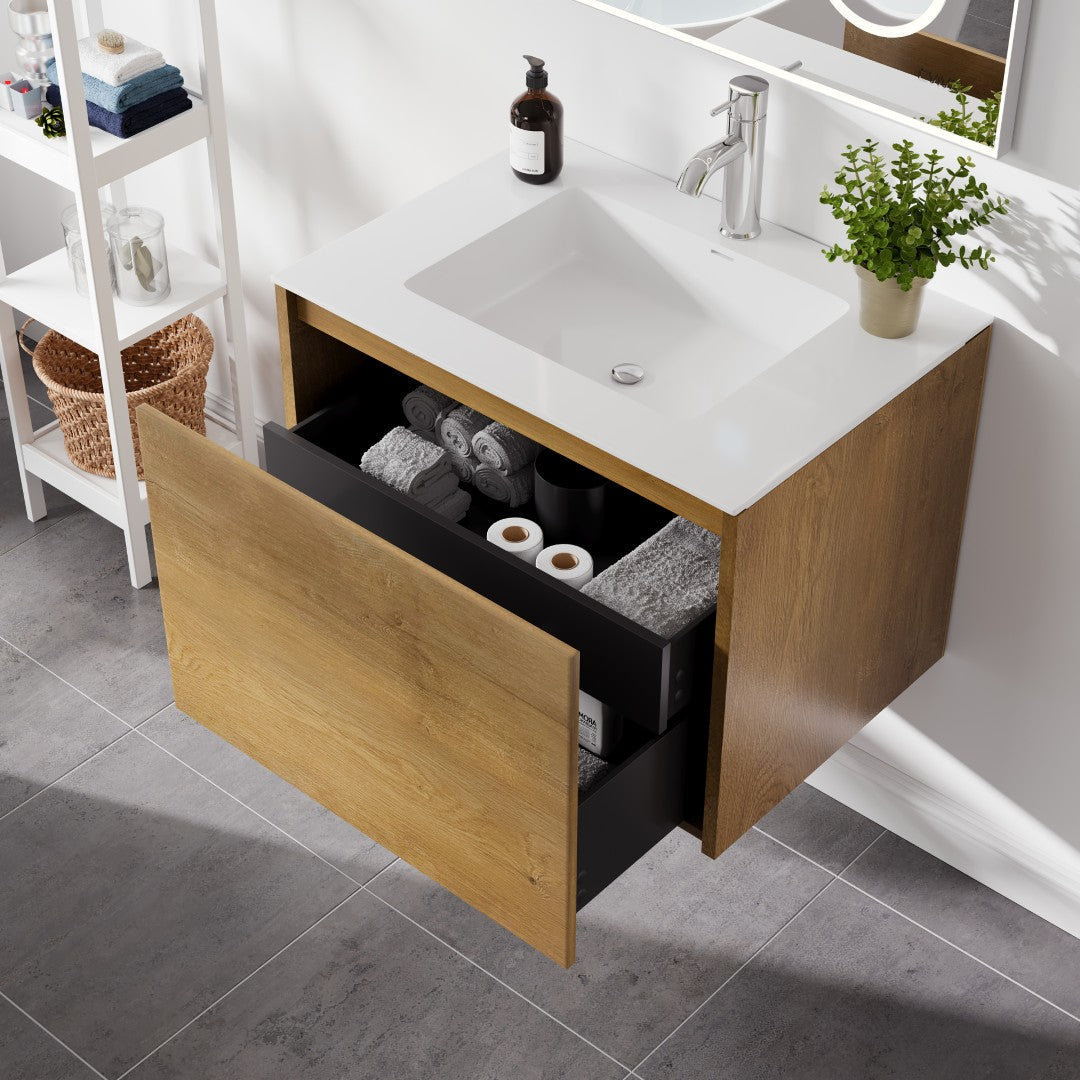Madeira 24 in. Oak Wall Mount Single Sink Bath Vanity with Acrylic Top and Integrated Sink