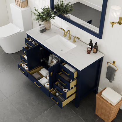 Aberdeen 54 in. Blue Single Sink Bath Vanity with Carrara Quartz Top and Undermount Porcelain Sink