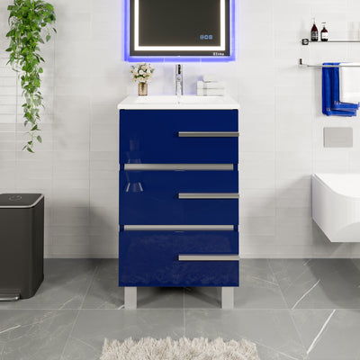 Deluxe 24"W x 18"D Blue Bathroom Vanity with White Porcelain Countertop and Integrated Sink