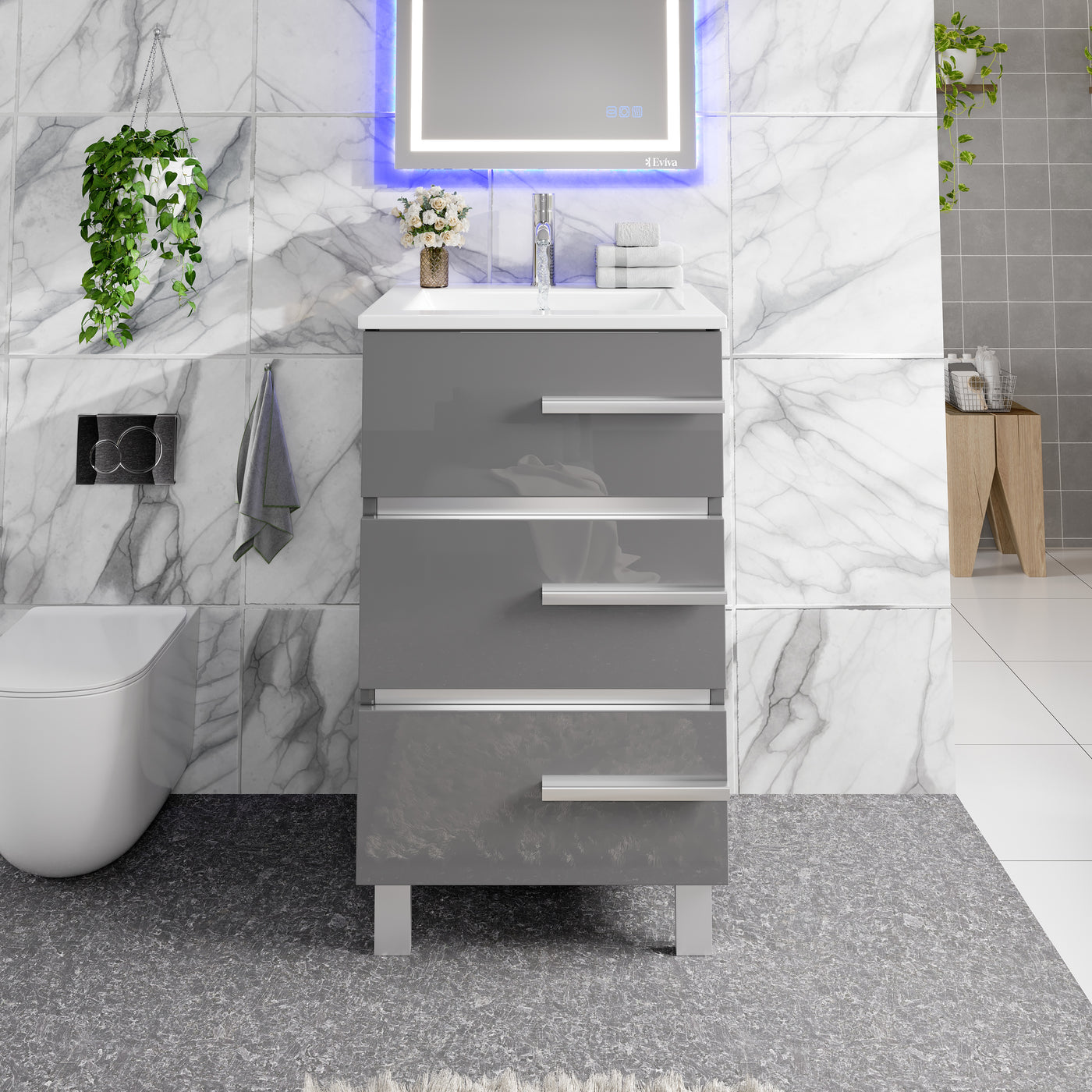 Deluxe 24"W x 18"D Gray Bathroom Vanity with White Porcelain Countertop and Integrated Sink