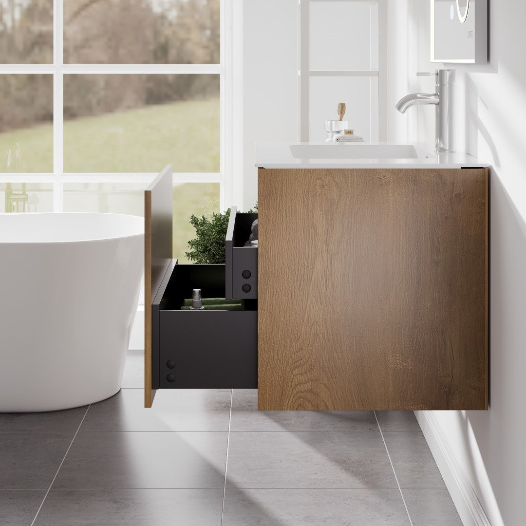 Madeira 24 in. Oak Wall Mount Single Sink Bath Vanity with Acrylic Top and Integrated Sink
