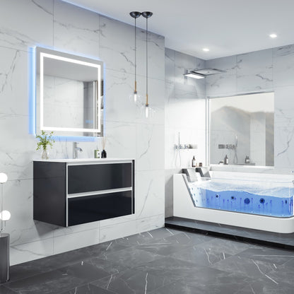 Luna 32 in. Dark Gray Wall Mount Single Sink Bath Vanity with Porcelain Top and Integrated Sink