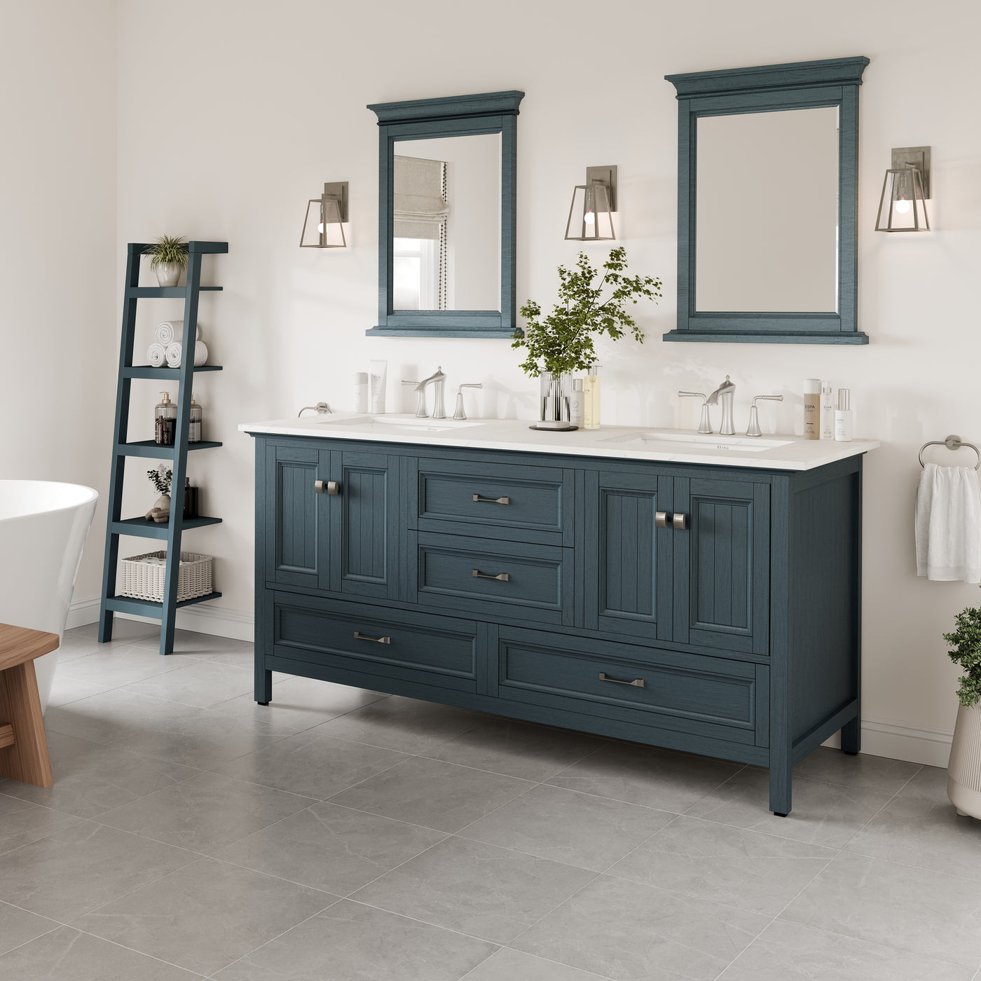 Britney 72"W x 22"D Ash Blue Double Sink Bathroom Vanity with White Carrara Quartz Countertop and Undermount Porcelain Sinks