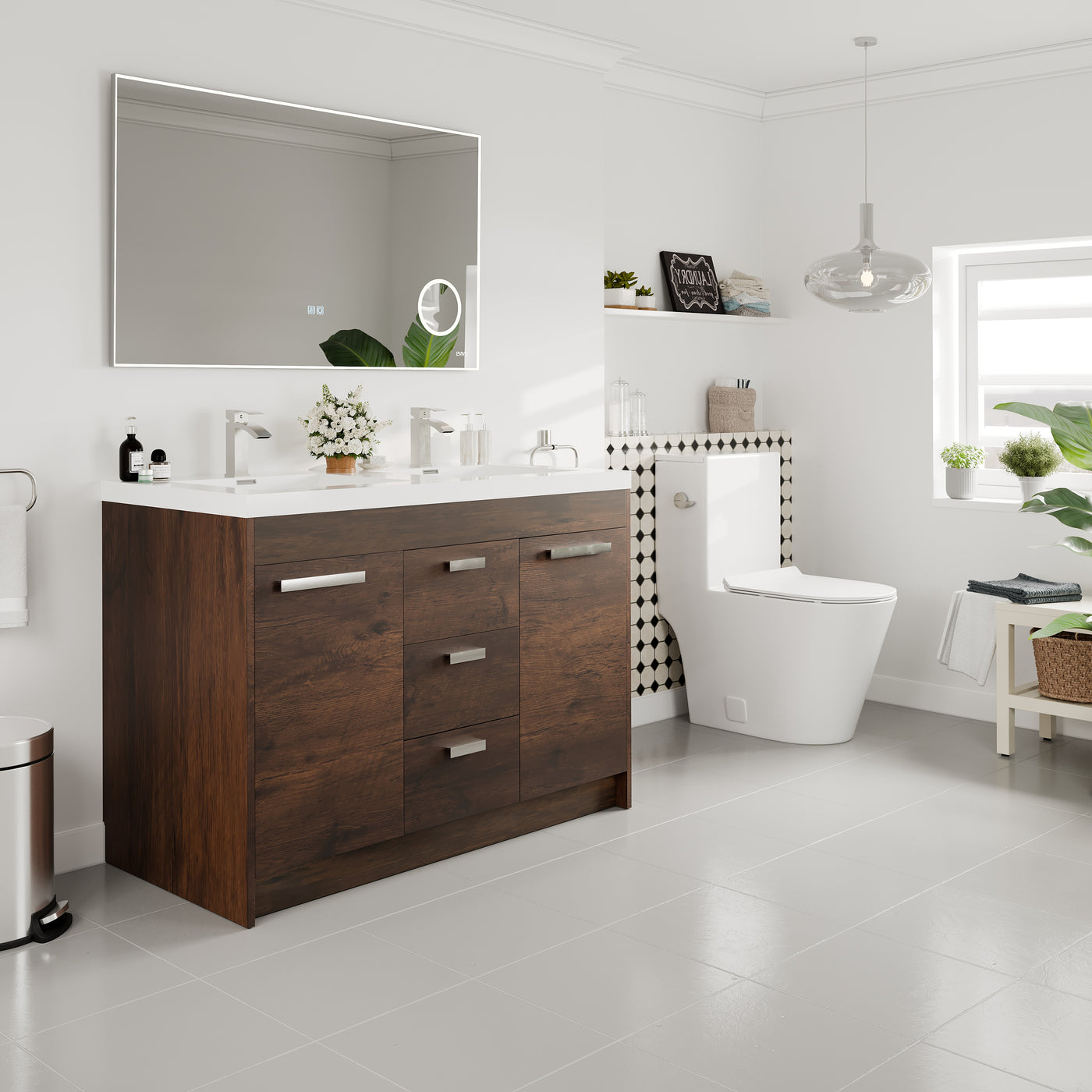 Lugano 48"W x 20"D Rosewood Double Sink Bathroom Vanity with White Acrylic Countertop and Integrated Sinks