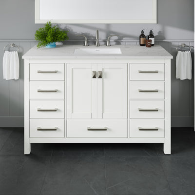 Aberdeen 48"W x 22"D White Bathroom Vanity with White Carrara Quartz Countertop and Undermount Porcelain Sink