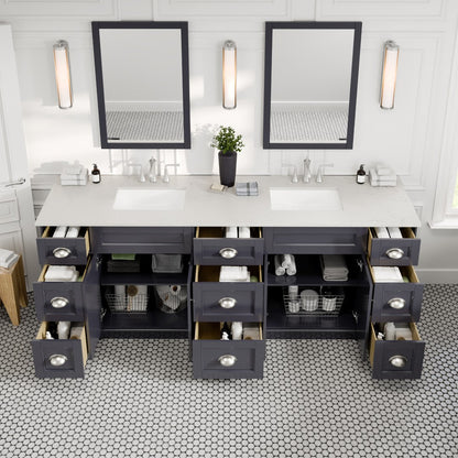 Epic 96 in. Charcoal Gray Double Sink  Bath Vanity with Carrara Quartz Top and Undermount Porcelain Sinks