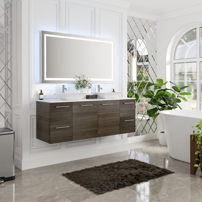 Luxurious 60 in. Gray Oak Wall Mount Double Sink Bath Vanity with White Quartz Top and Vessel Porcelain Sinks