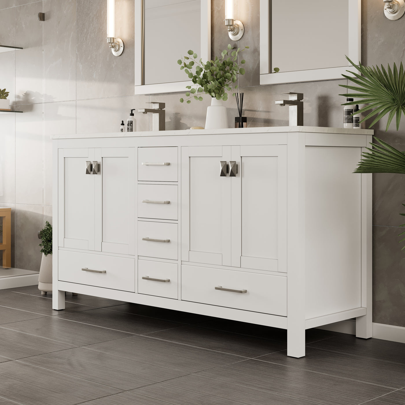 London 60"W x 18"D White Double Sink Bathroom Vanity with White Carrara Quartz Countertop and Undermount Porcelain Sinks