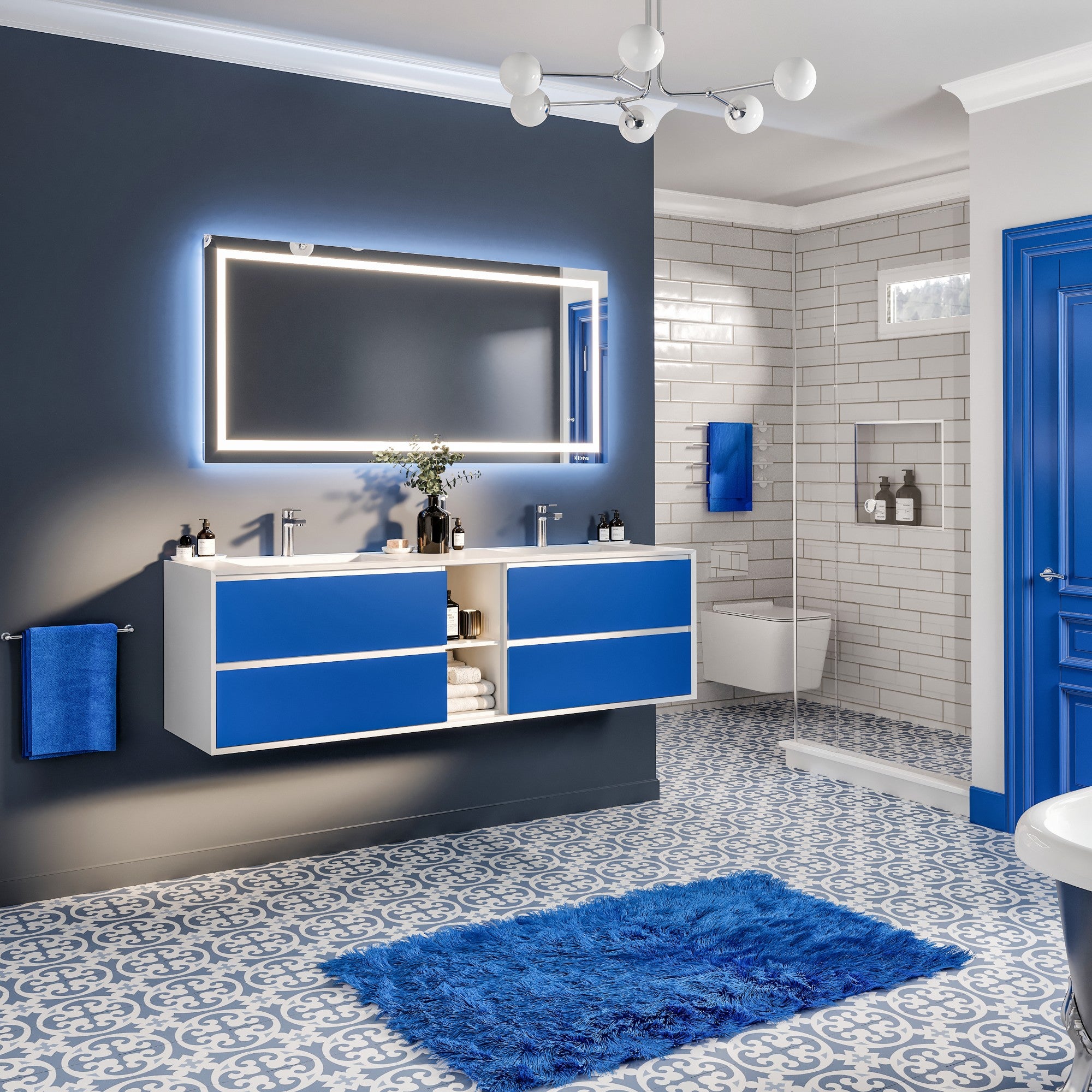 Vienna 75 in. Blue Wall Mount Double Sink Bath Vanity with Acrylic Top and Integrated Sinks