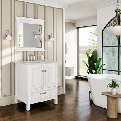 Eviva Britney 30 Inch Transitional White Bathroom Vanity with Carrera Marble Top
