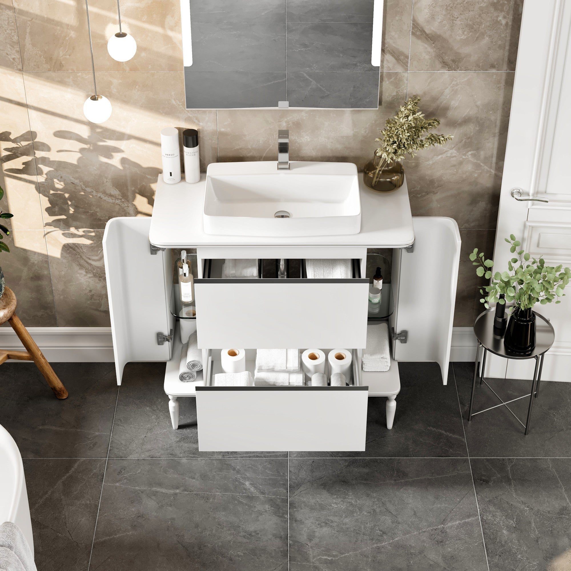 Duva 47 in. White Single Sink Bath Vanity with Engineered Wood Top and Vessel Acrylic Sink