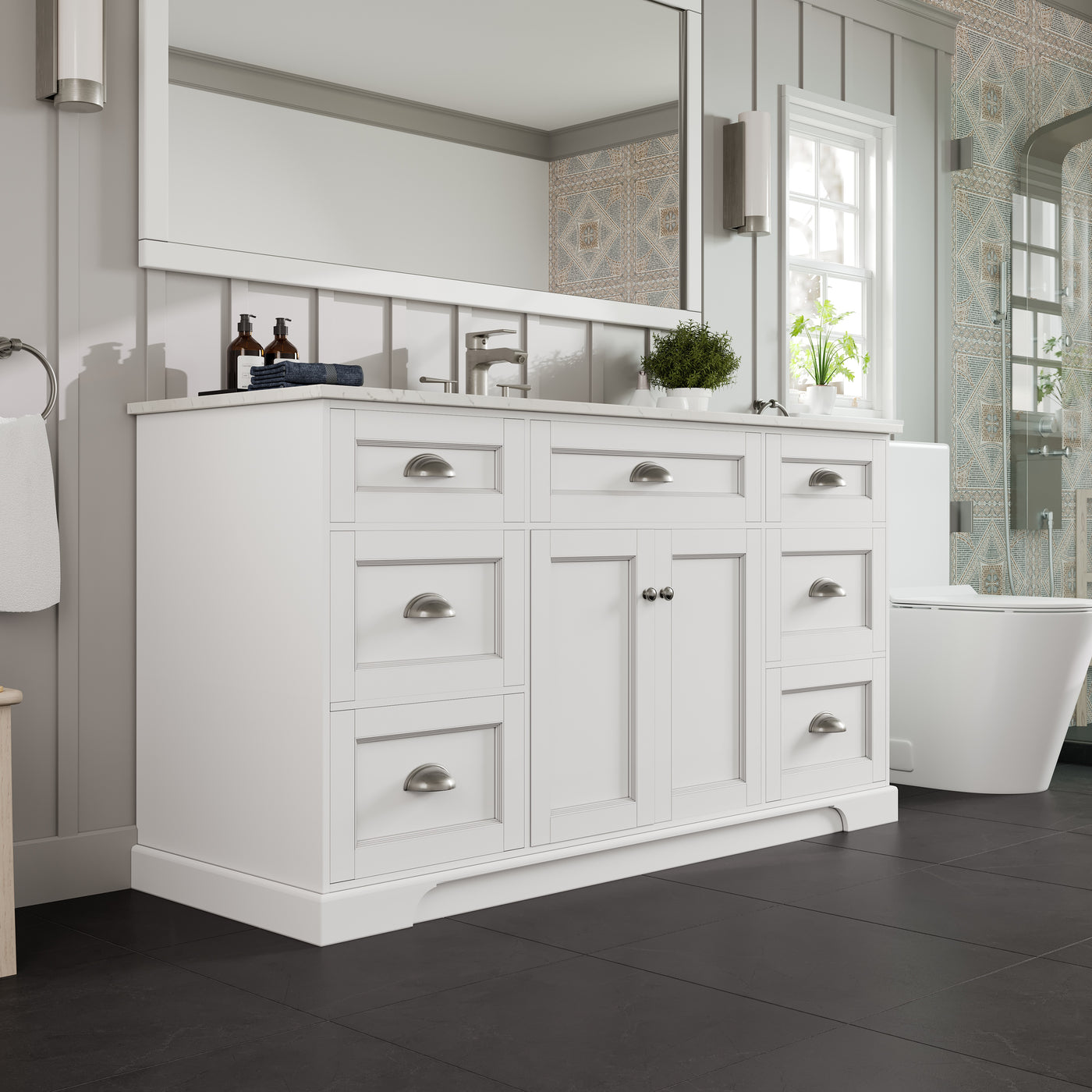 Epic 60"W x 22"D White Bathroom Vanity with White Carrara Quartz Countertop and Undermount Porcelain Sink