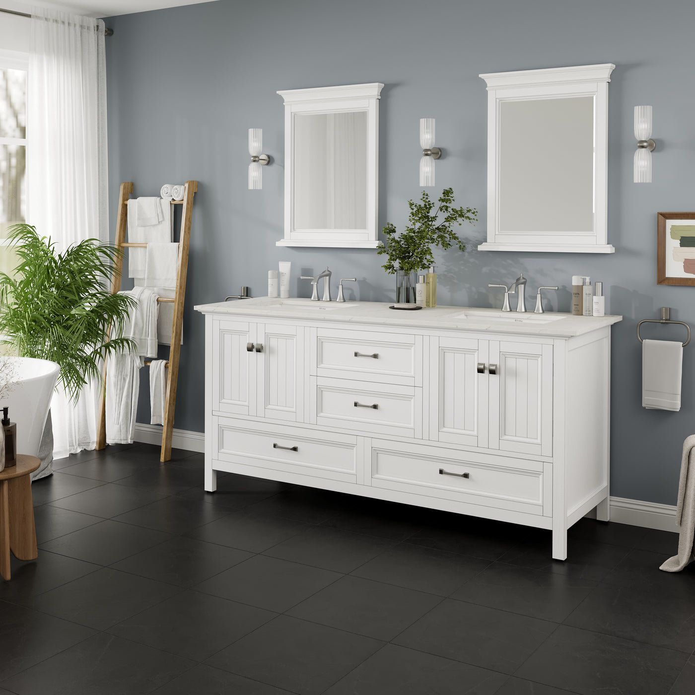 Britney 72"W x 22"D White Double Sink Bathroom Vanity with White Carrara Quartz Countertop and Undermount Porcelain Sinks