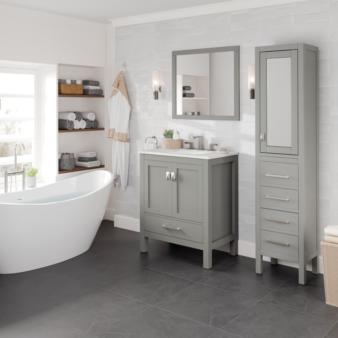 Aberdeen 30 in. Gray Single Sink Bath Vanity with Carrara Quartz Top and Undermount Porcelain Sink