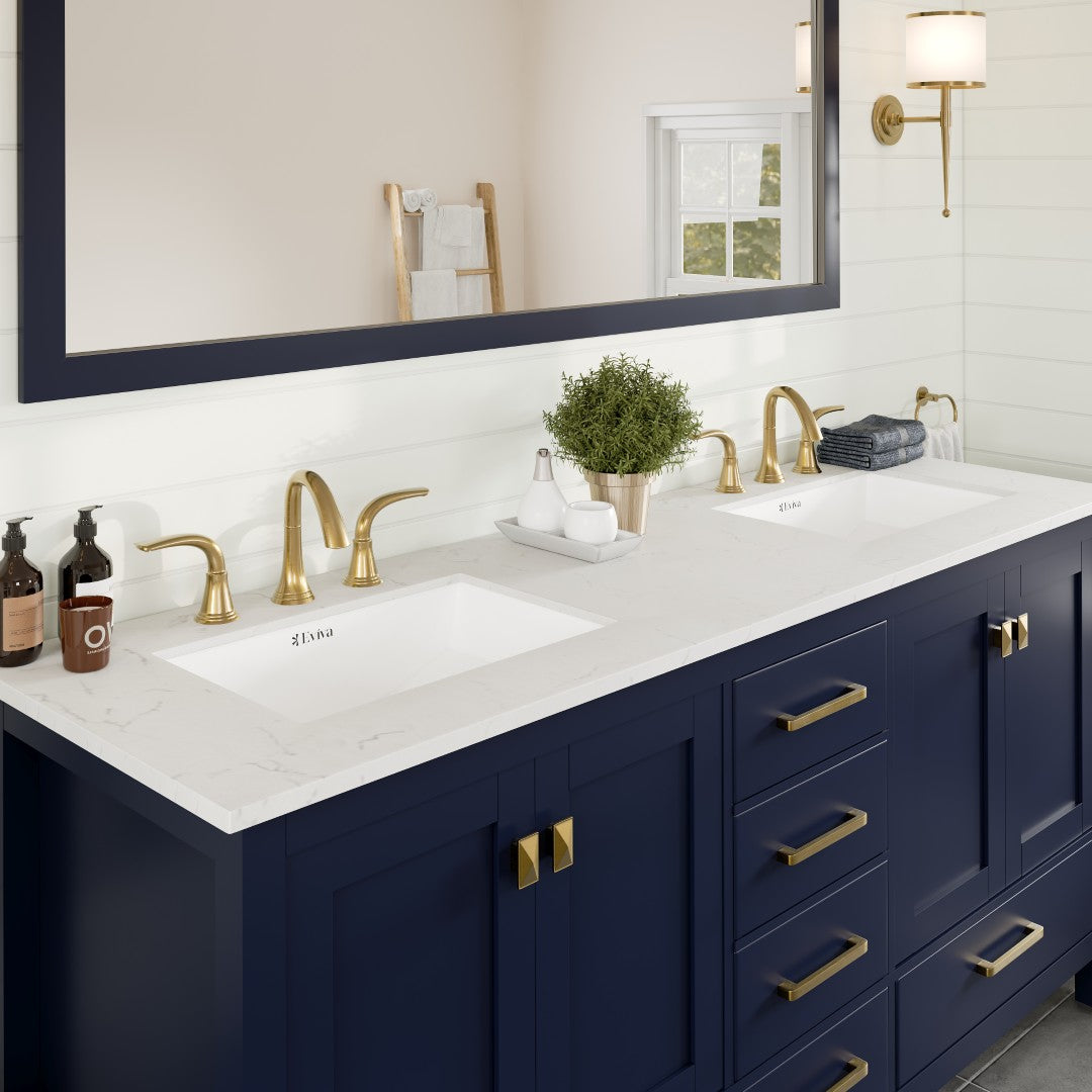 Aberdeen 78 in. Blue Double Sink  Bath Vanity with Carrara Quartz Top and Undermount Porcelain Sinks
