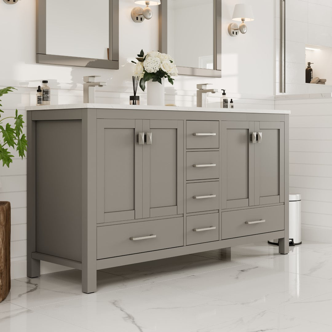 London 60"W x 18"D Gray Double Sink Bathroom Vanity with White Carrara Quartz Countertop and Undermount Porcelain Sinks