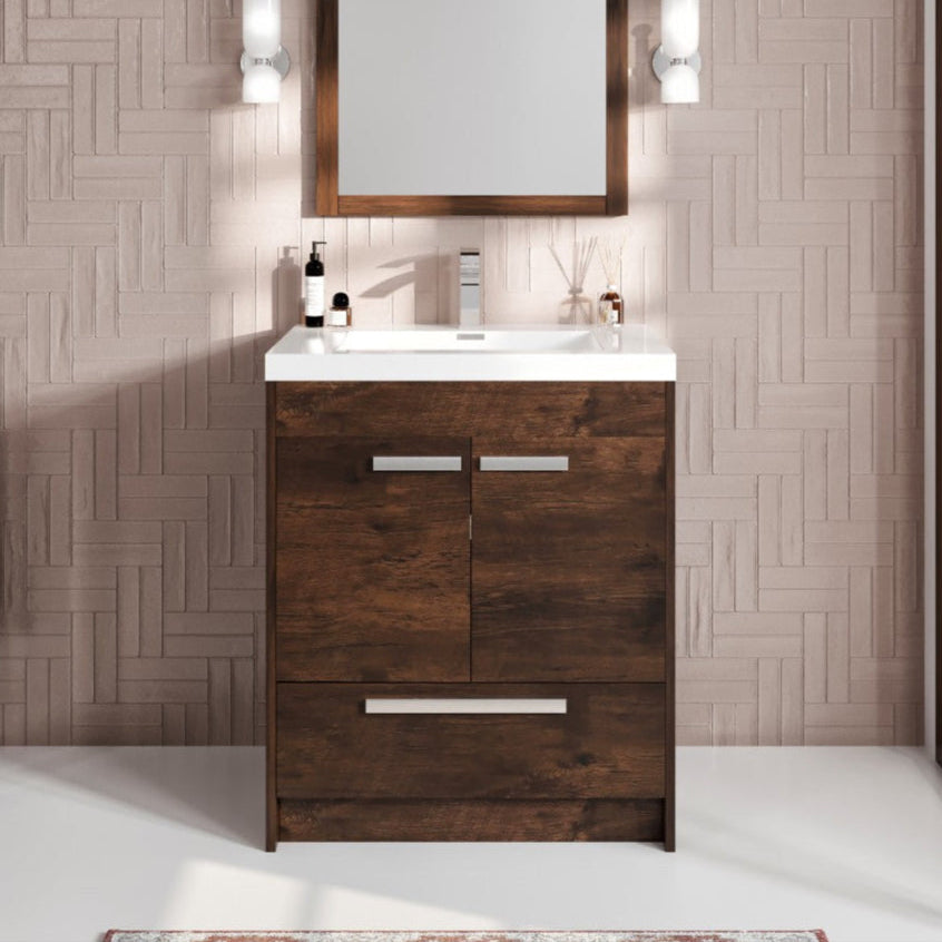 Modern Lugano 30 inch rosewood single sink bath vanity with an acrylic top and integrated sink, displayed in a bathroom setting with wall lighting and a mirror above the vanity.