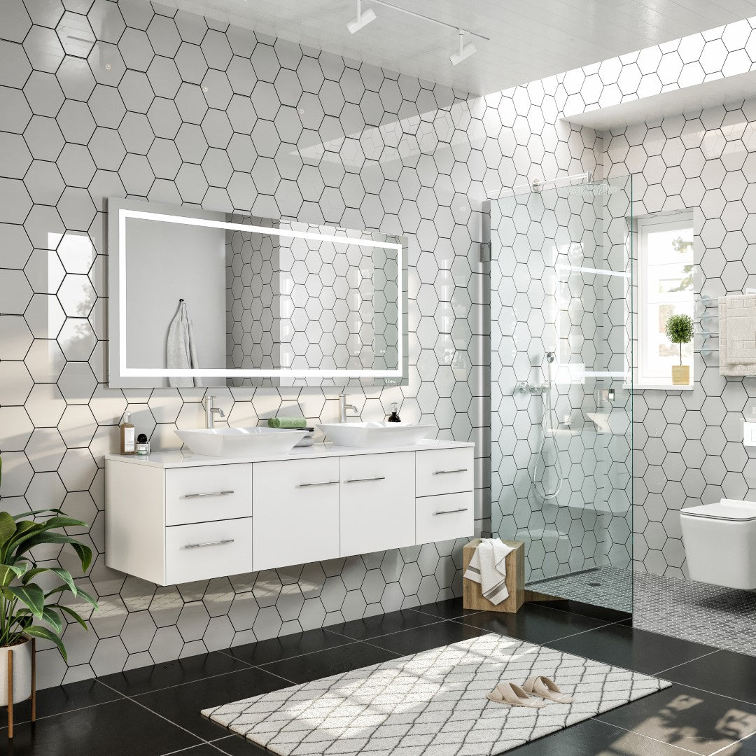 Wave 72 in. White Wall Mount Double Sink  Bath Vanity with White Quartz Top and Vessel Porcelain Sinks