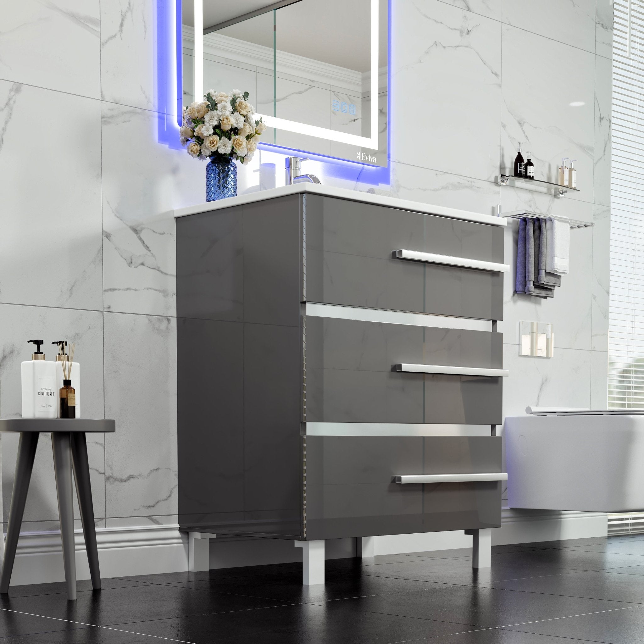Deluxe 32 in. Gray Single Sink Bath Vanity with Porcelain Top and Integrated Sink - Bathroom Vanity by Eviva