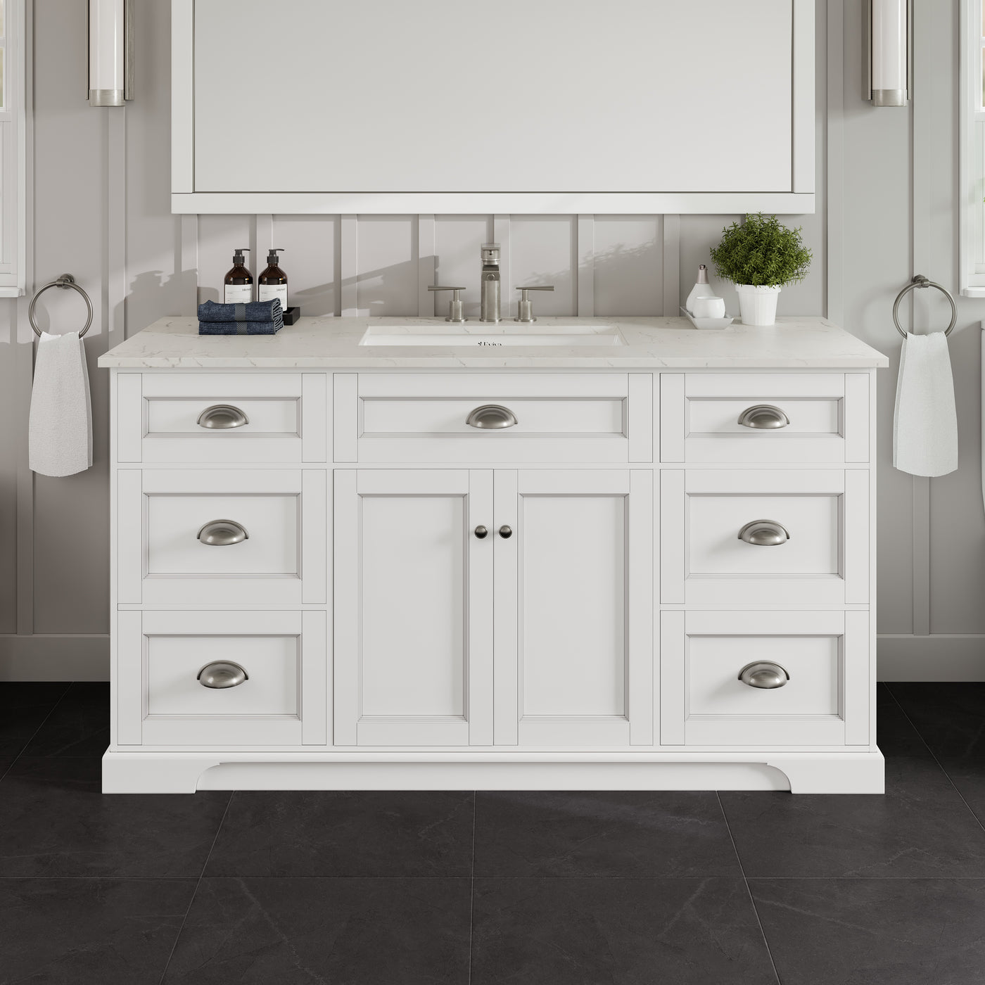 Epic 60"W x 22"D White Bathroom Vanity with White Carrara Quartz Countertop and Undermount Porcelain Sink