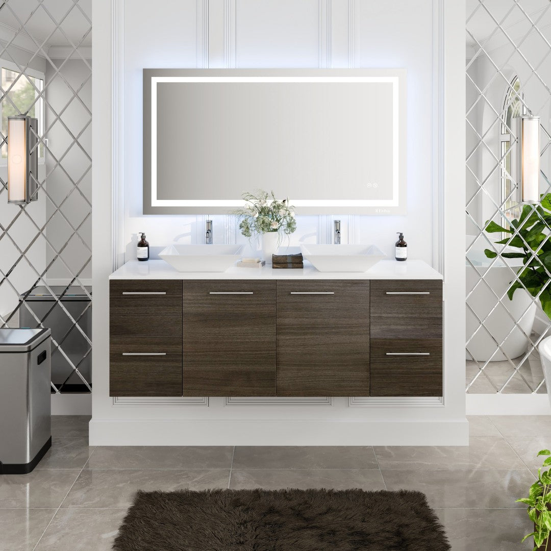 Luxurious 60 in. Gray Oak Wall Mount Double Sink Bath Vanity with White Quartz Top and Vessel Porcelain Sinks