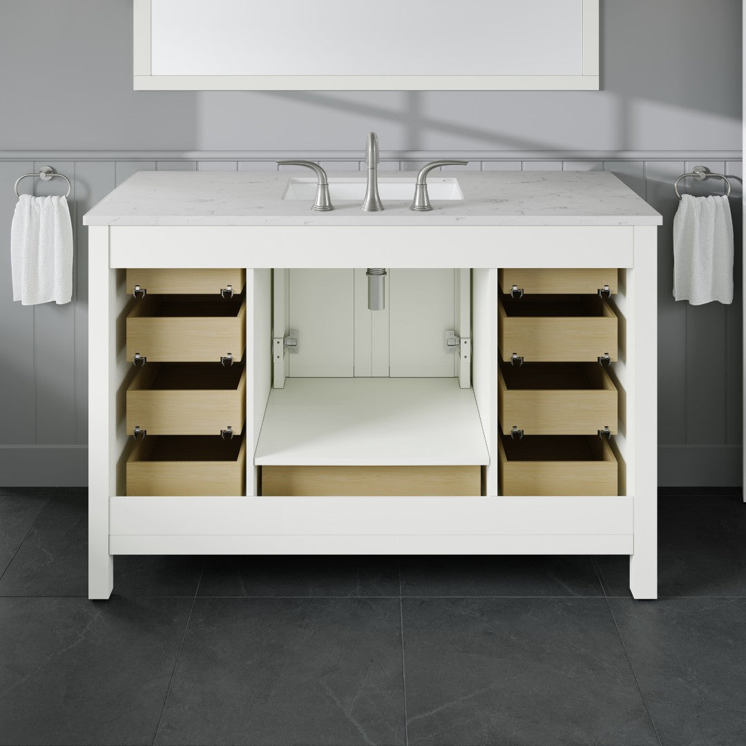 Aberdeen 48 in. White Single Sink Bath Vanity with Carrara Quartz Top and Undermount Porcelain Sink