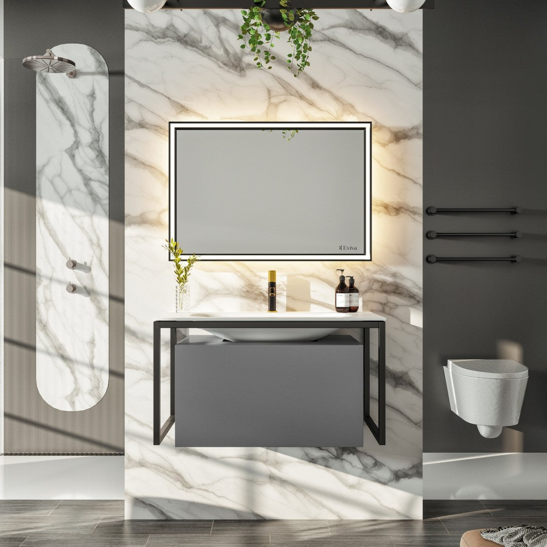 Modena 32 in. Gray Wall Mount Single Sink Bath Vanity with Solid Surface Top and Integrated Sink