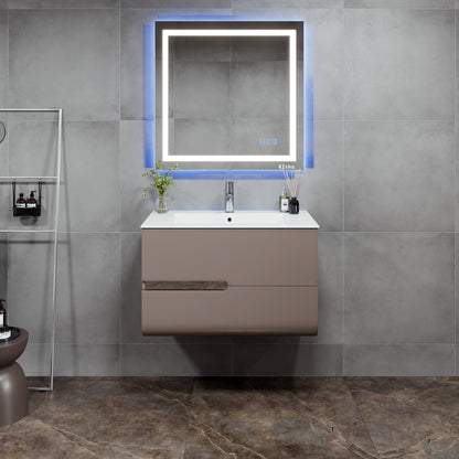 Ways 32 in. Mocha Wall Mount Single Sink Bath Vanity with Porcelain Top and Integrated Sink