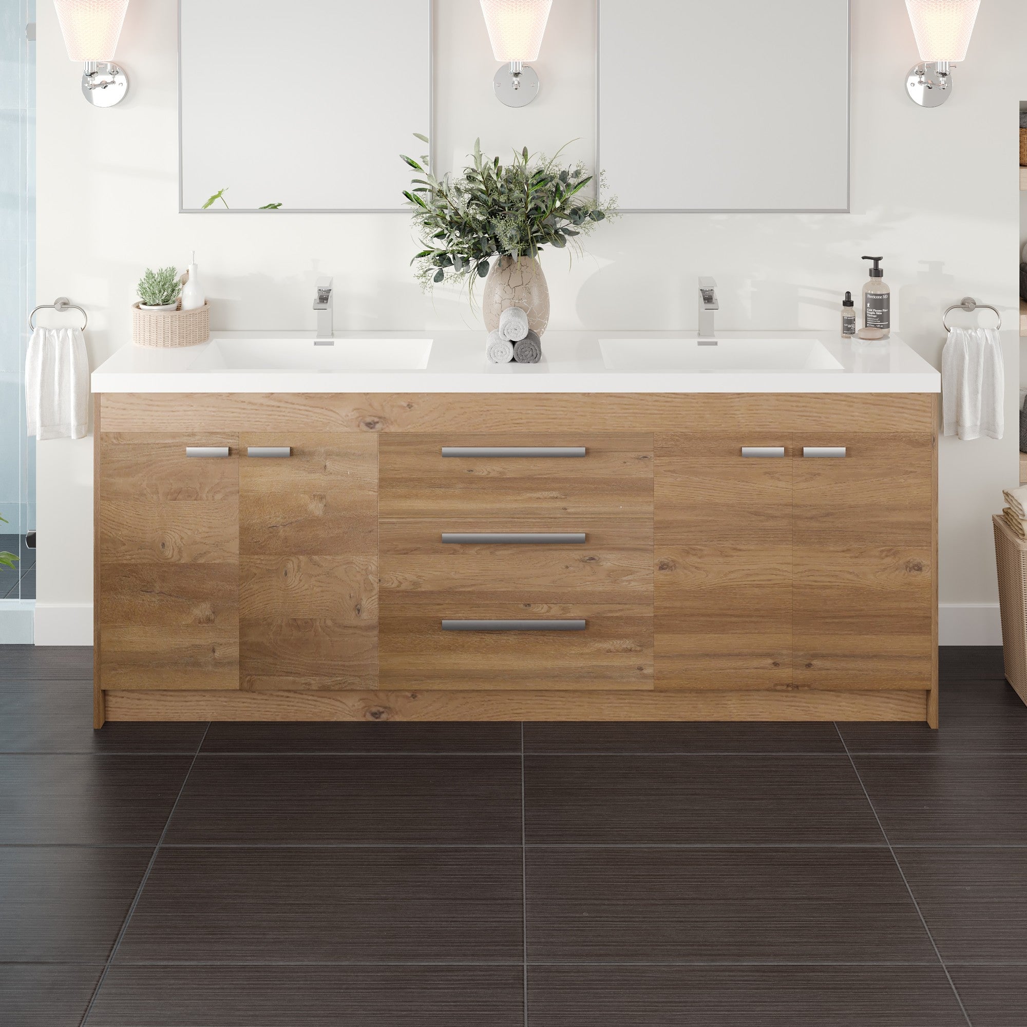 Lugano 84 in. Natural Oak Double Sink Bath Vanity with Acrylic Top and Integrated Sinks