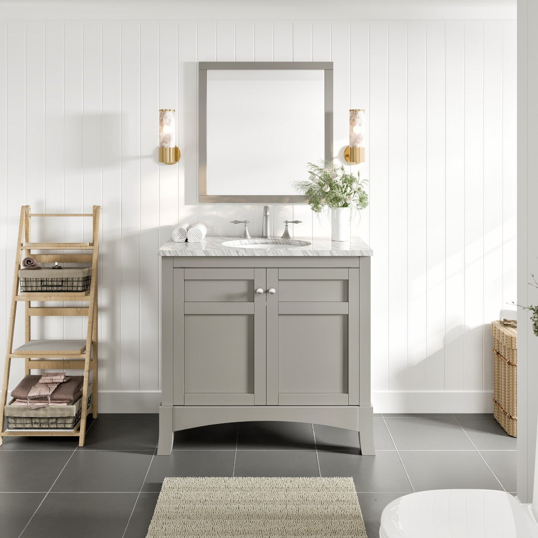 New York 36 in. Gray Single Sink Bath Vanity with Carrara Marble Top and Undermount Porcelain Sink