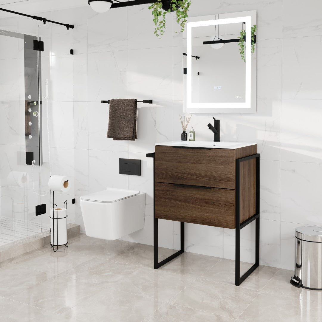 Marina 27 in. Dark Walnut Single Sink Bath Vanity with Porcelain Top and Integrated Sink