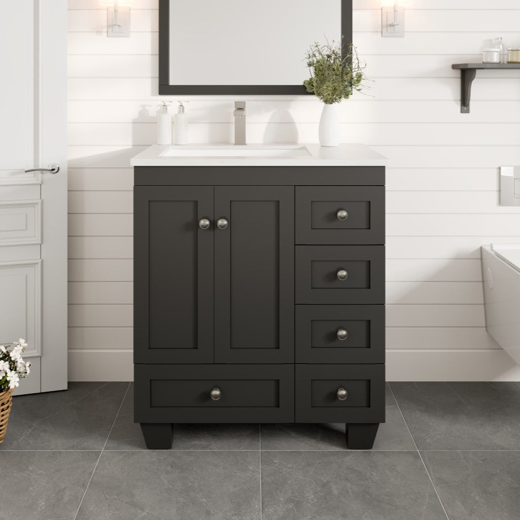 A black Eviva Happy 30-inch espresso single sink bath vanity with a white Carrara quartz top, undermount porcelain sink, and silver hardware, placed in a bathroom setting.