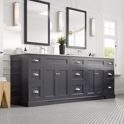 Charcoal gray double sink bath vanity with Carrara quartz top and undermount porcelain sinks, featuring stainless steel handles and two mirrors above the sinks.